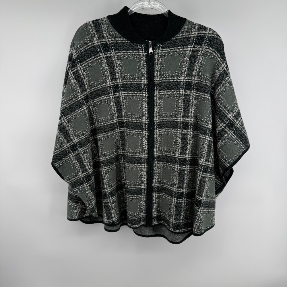 Max Studio Plaid Zip Front Poncho Cape Shawl Women's